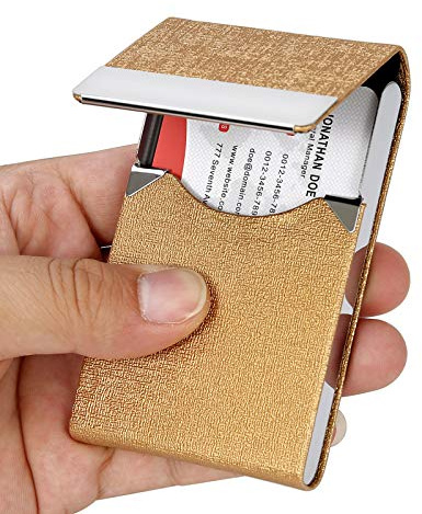 JuneLsy Visitenkartenetui, professionelles PU-Leder, Visitenkartenetui, Metall, Namenskartenhalter, Tasche, Visitenkartenträger für Damen und Herren, mit Magnetverschluss (Gold-JG5)