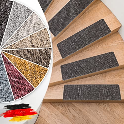 Floordirekt Stufenmatten Alto - Halbrund oder Eckig - Treppenmatten in 8 Farben - Strapazierfähig & pflegeleicht - Stufenteppich für Innen (Anthrazit, Eckig 65 x 23,5 cm)