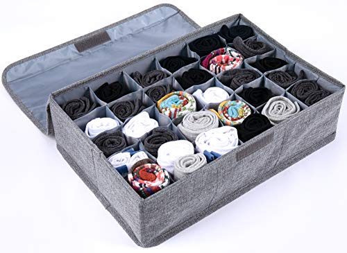 Uklay Socks Organizer with Lid, 30 Cell Underwear Drawer Organizer Foldable Closet Storage Box for Ties, Lingeries, Socks - Gray
