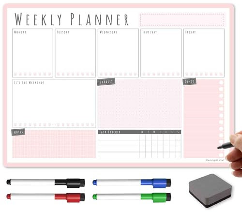 TMS Planificateur hebdomadaire magnétique avec 4 stylos effaçables à sec et gomme Rose poudré A3