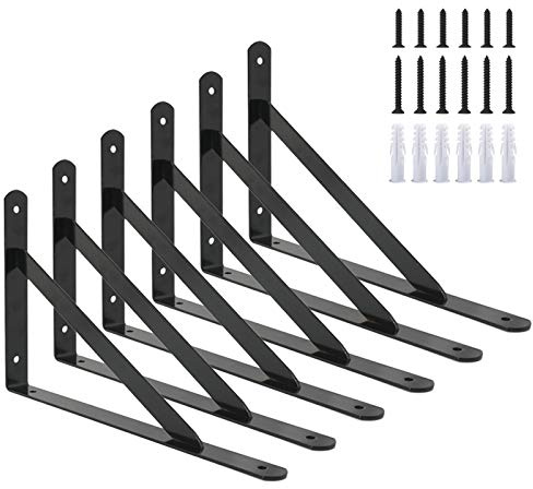 Ouvin Black Shelf Brackets Heavy Duty with Screws 250mm 6 Pcs | 10 Board Compatible, Triangle Design, Space Saving, 66lb, Right Angle, with Screws, Durable, for Living Room Kitchen Garage