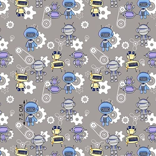 100x160cm Roboter 100% Baumwolle Baumwollstoff Kinder Meterware Handwerken Nähen Stoff (100x160cm, Roboter Grau)