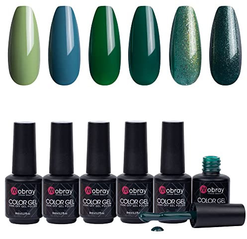 Mobray Green Gel Nail Polish Set, 6 Colors Glitter Sparkle Avocado Dark Green Gel Polish Set Soak Off U V LED Gel Nail Polish Kit for Autumn Winter Nail Art