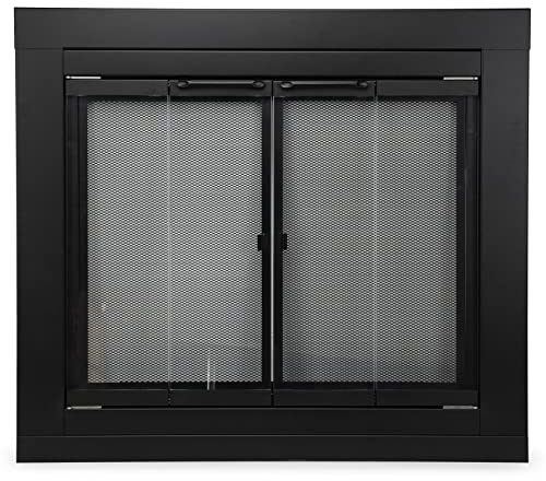 Stanbroil Puerta de cristal para chimenea de estilo plegable, acabado negro, mediano, puerta de pantalla decorativa para chimenea