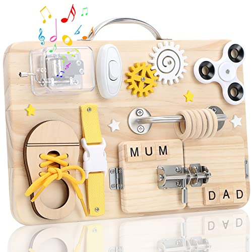 Wooden Busy Board for Toddlers, Handmade Montessori Sensory Toys Activity Travel Fidget Board for Early Development and Autism, Preschool Educational Gifts with Basic Life Skills Fine Motor Skills