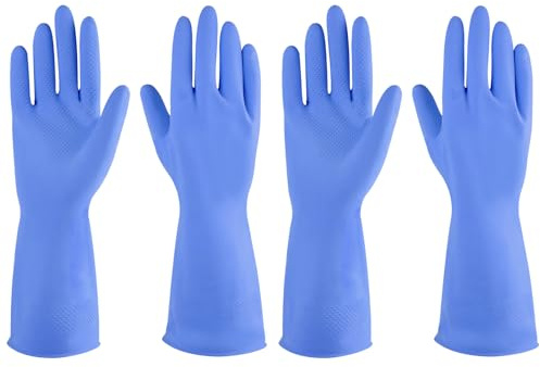 Guantes de goma para lavar platos, 2 pares para cocina, guantes de limpieza para el hogar reutilizables. (Grande, azul)