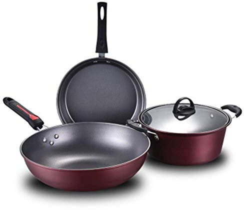 WIQUYBML Juego de sartenes Wok y cacerolas con Tapas, manijas Frescas, Juego de sartenes de Acero Inoxidable, 3 Piezas, Adecuado para una Variedad de Estufas de Gas Sartén Grande
