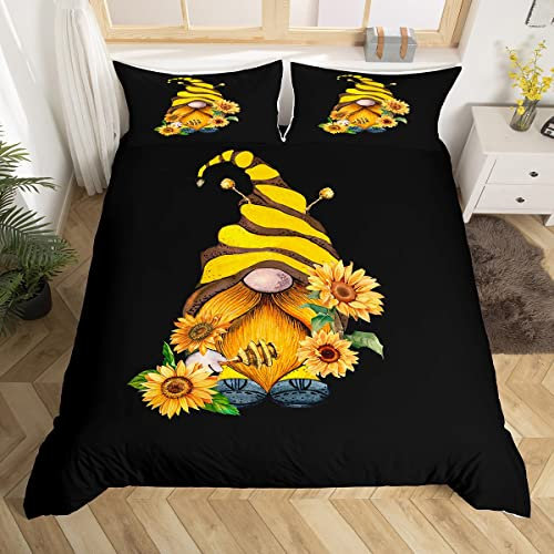 Rustic Sunflower Duvet Cover Double Size Honeybee Bedding Set For Kids Teens Youth Spring Gnome Comforter Cover Garden Flowers Bed Cover With 2 Pillowcase Home Room Decor Black Yellow