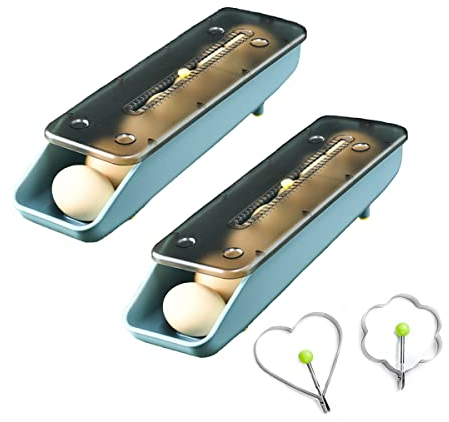 QeeHeng Organizador de Huevos Automático para Nevera - 2 Unidades Apilables con Dispensador por Gravedad, Material Alimenticio Transparente (Azul, Pack de 2)