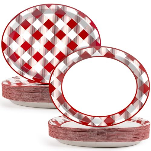 50 PCS Gingham Oval Paper Plates Large 11 Disposable Red & White Checkered Platter BBQ Party Decorations Summer Barbecue Supplies Favor for Gathering Picnic Carnival Birthday Party Tableware Set
