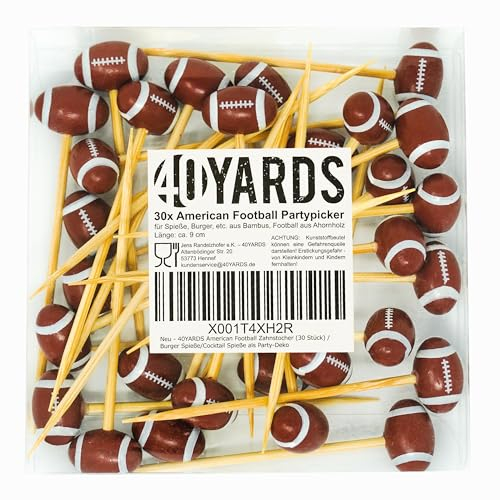 40YARDS Stuzzicadenti da football americano (30 pezzi): decorazione per feste, hamburger, spiedini da cocktail e decorazioni allo stadio snack