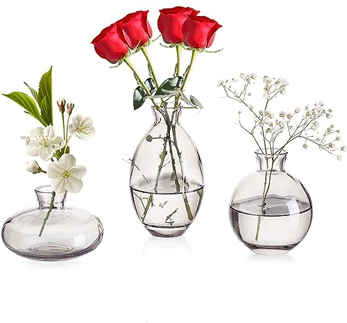 Vasen 3er-Set Kleine Blumenvasen Modern aus Kristall Grau, Mini-Vasen Glasfläschchen, Vase dekorative, Glasvase Deco für Tischmitte, bücher, Hochzeit, Taufe, Geburtstag, Geschenk zum Muttertag