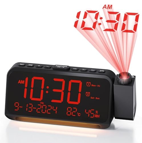 Roxicosly Projection Alarm Clock for Bedroom Ceiling, 118 dB Super Loud for Heavy Sleepers, 6.7 Large Digital Dimmable Display with Day Date Indoor Temp Humidity, Dual Alarms Adjustable Volume