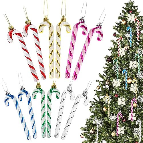 WUBAYI 12Pcs Christmas Candy Cane Ornaments Glitter Twisted Plastic Candy Cane Christmas Tree Hanging Ornaments for Winter Holiday Home Decorations (Six Colours Mixed)