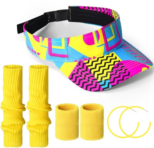 Cindeer 80s Neon Workout Costume Outfit for Women Sports Visor Hat Leg Warmers Wristbands Earring for 80s 90s Party(Fluorescent Yellow,Retro)