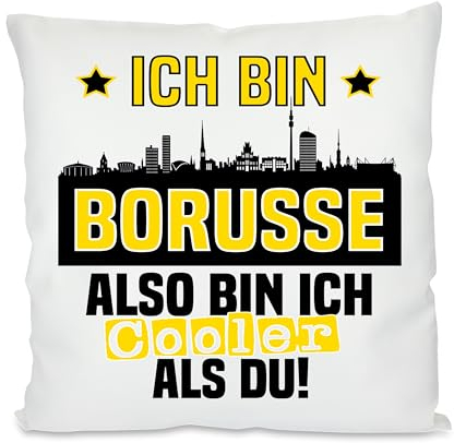 Kissen mit lustigem Spruch und Wunschtext auf der Rückseite | Ich bin Dortmunder also bin ich cooler als du! | Fußball Deko-Kissen für Dortmund Fan | Skyline deiner Stadt | 40cm x 40cm |
