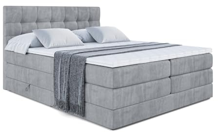 ALTDECOR Boxspringbett mit Matratze und Lattenrost, Topper, Polsterbett mit Bettkasten, Bett mit Stauraum H3- und H4- Matratze, Doppelbett, Springboxbett BERO King 160x200 - Grau Samt