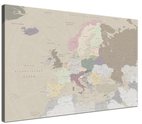 LANA KK Europakarte-Pinnwand als Leinwandbild zum pinnen der Reisen – „Europakarte Cappuccino” - Deutsch - Landkarten-Wandbild Europa in beige, 60 x 40 cm
