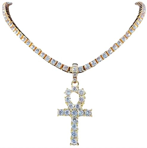 FUSHENGTER Halskette Herren Pulloverkette Damen Anhänger Frauen Männer Männer Hip Hop Ankh Kreuz Anhänger Halskette Mit 4Mm Tennis Kette Iced Out Bling Halsketten Hiphop Mode Geschenk