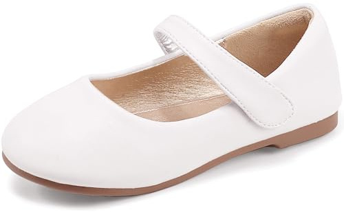 PANDANINJIA Girls Dress Shoes Toddler Flower Girl Kids Mary Jane Shoes White Pu Ballet Flats Size 9 School Wedding Party Church Girls Shoes