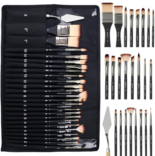 Nicpro 26pcs Paint Brush Set, Professional Paintbrushes with Palette Knife, Cloth Roll, Artist Paint Brushes for Acrylic Canvas Painting, Oil, Watercolour Gouache, Adults Art Supplies Painting Tools