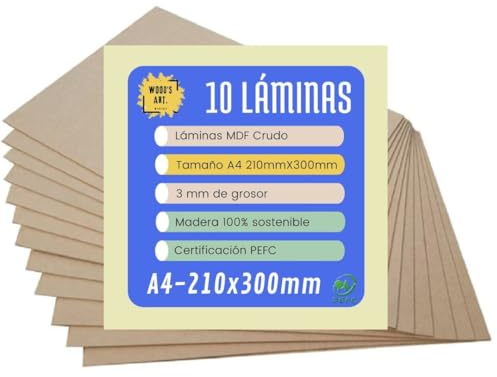Wood's Art - 10 Tableros de Madera MDF - Tamaño A4 (210x300x3mm) - Ideal para Corte por Láser, Manualidades, Pirograbado, Bricolaje, Pintura, Calado, Modelado