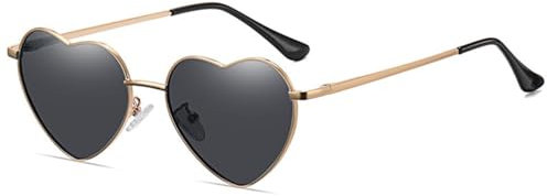 WDZAYXC Polarisierte Herz geformte Sonnenbrille für Damen Vintage Metallrahmen Nette Gläser für Party und Festival(Gold/Grau)