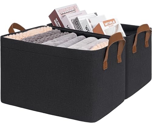 Storage Bins Clothes Storage Boxes, Storage Baskets for Shelves, Fabric Storage box for Living Room, Bedroom, Black Storage Basket for Toys, Towels, 43 x 28 x 25 cm, 2-Pack