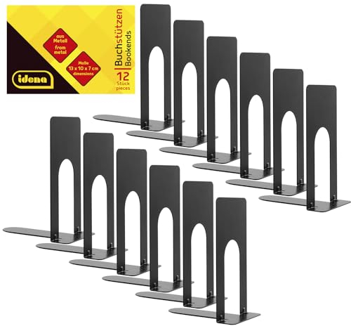 Idena 11110 - Buchstützen aus Metall in Schwarz, 12 Buchständer in der Größe 13 x 10 x 7 cm, Buchhalter für Bücherregale