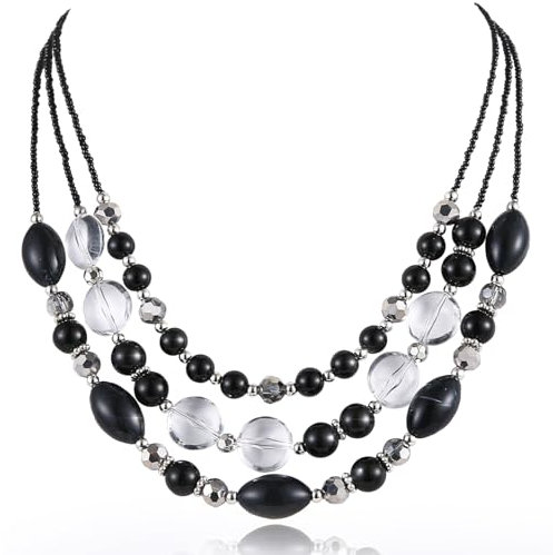 FULU AUTUMN Layered Statement Necklaces for Women Chunky Beaded Necklaces Costume Jewellery Valentines Gifts for Her(Black)