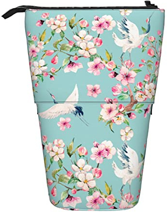 fifbird Trousse à crayons debout avec jolies grues blanches, cerisiers, arbres japonais, oiseaux, trousse à crayons télescopique durable, organiseur de papeterie personnalisé, pour étudiants, filles,