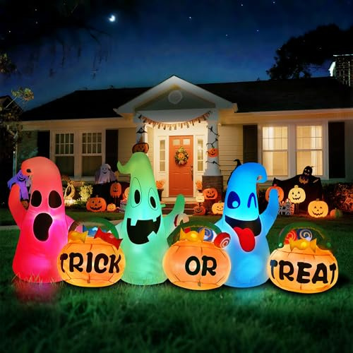 8.2 Ft lange Halloween Aufblasbarer Drei Geister mit Kürbis-Süßigkeitentüten Halloween Deko für den Außenbereich Mit integrierter LED-Beleuchtung Aufblasbare Halloween-Dekoration für Garten Party