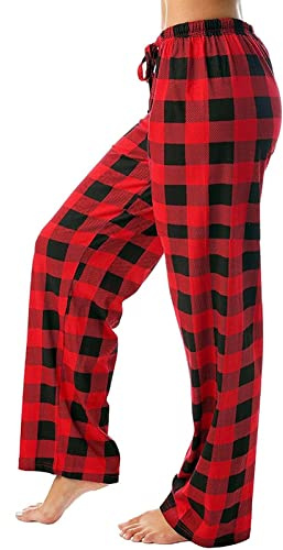 DeaAmyGline Karierte Pyjamahose Damen Lang Schlafhose Baggy Pyjama Hosen mit Taschen und Kordelzug Baggy Hose Rote Kariert Loungehose Schlafanzughose Freizeithose Jogginghose Haushose