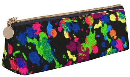 KemEng Regenbogen aus Neon-Farbspritzern, Bleistifttasche, dreieckiges Stiftetui, tragbare Bleistifttasche aus Leder mit Reißverschluss, Kosmetiktasche