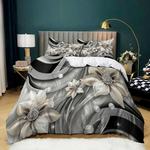 Gris Foncé Parure de Lit 180x200 Adulte Imprimé Fleur de lys géométrique Housse de Couette 2 Personnes Microfibre Douce Respirante Parure Housse Couette avec 2 Taies d'oreiller 65x65 cm