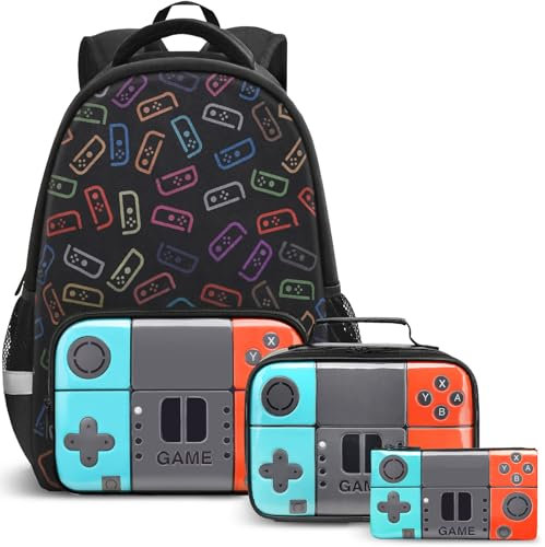 Beaulyn Mochila escolar para niños, mochila escolar para jugadores de primaria y secundaria, mochila de videojuegos de 17 pulgadas para laptop, Game-teal+orange-3pcs, 3Pcs Backpack Set, Mochila Gamer