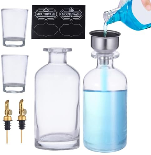 Mundwasser-Behälter, Mundwasser-Halter, transparente Mundspülflasche mit Ausgießer, Trichteretiketten aus Schnapsglas, Mundspüler-Spender Set