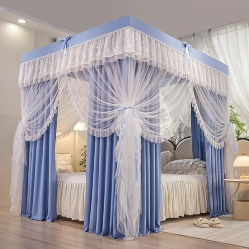 Moustiquaire de lit princesse pour filles et adultes - Bleu - Queen Size - Double couche - Design à volants - 4 ouvertures - Décoration de chambre à coucher pour une atmosphère confortable et élégante