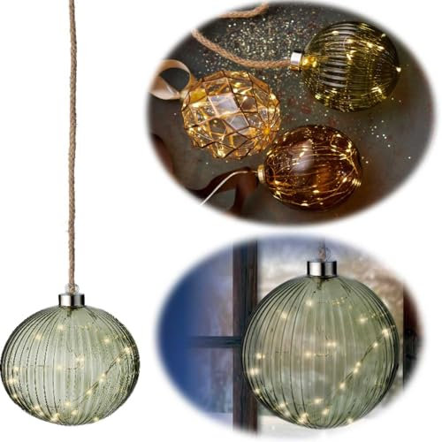 LS-LebenStil Deko XL Glas Lichtkugel 15 LED 10cm Grün Silber Timer Batterie-Fach Kugellampe zum Anhängen als Weihnachtsdeko innen Weihnachtsbeleuchtung Fensterdeko Batteriebetrieben