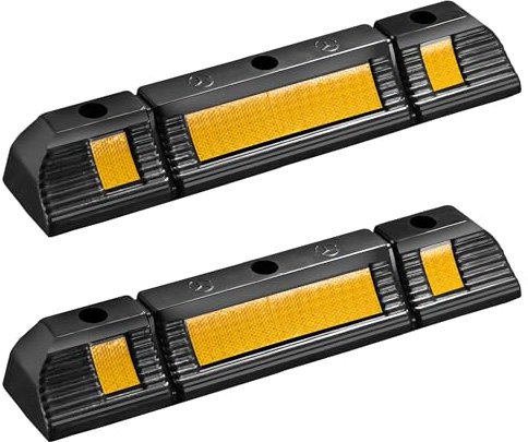 Wiltec Juego 2 topes de aparcamiento 60 x 12 x 8 cm caucho con bandas reflectoras alta visibilidad topes de rueda de fácil instalación ideal para garajes, parkings y zonas de estacionamiento