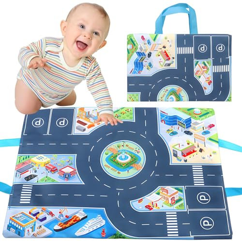 CERICAI 2 in 1 Play Mat/Storage Bag, Toy Cars Mat for Toddlers 1 2 3 Year, Play Mat Baby Cloth Parking Scene Montessori Convenient Learning Toy Soft 2 in 1 Storage Bag for Baby Boys