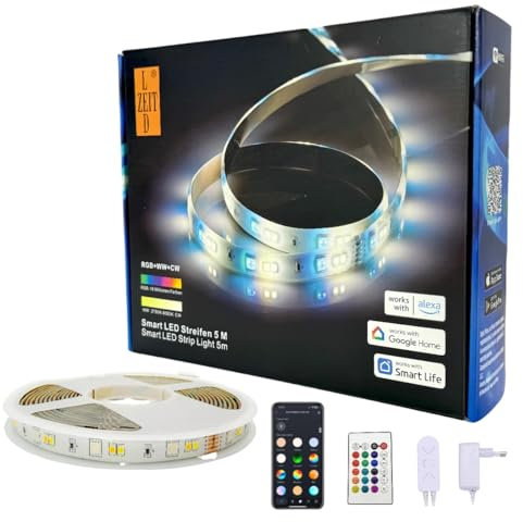 LEDZEIT-Smart Serie-5m LED Strip, 24V RGBCCT (RGB+Warmweiß+Kaltweiß), 90 LEDs/M, Beschichtetes Lichtband, App-Steuerung, Funktioniert mit Alexa und Google Home, ideal für Zuhause