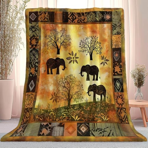 Decke Afrika Elefant Geometrie Braun Orange 180 X 200 cm, Warm Flauschige Flanell Kuscheldecken Für Kinder Jugendliche Erwachsene, Weiche Decke Als Tagesdecke Sofadecke