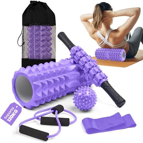 unycos - Faszienrolle【PP/EVA】| 5-in-1-Set, Muskelmassageroller/Foam Roller der 120 kg Trägt, Fitness-Widerstandsband, Massageball, Rehabilitationsstab, Formseil und Aufbewahrungstasche (Lila)