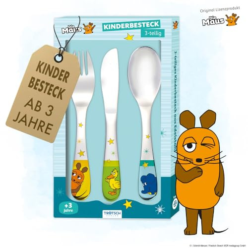 TRÖTSCH - Die Maus Kinderbesteck aus Edelstahl - 3-teiliges Besteckset für Kinder, robust & farbig | Ideales Geschenk ab 3, 4, 5, 6 Jahren: Kindergeschirr Maus Kinderbesteck Besteck für Kinder