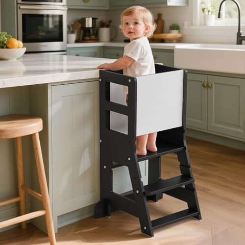 KIDINIX Kinder Lernturm ab 1 Jahr, Learning Tower mit Tafel | Höhenverstellbar, Montessori-Lernstuhl für Küche und Bad, Kippsicher, Schwarz