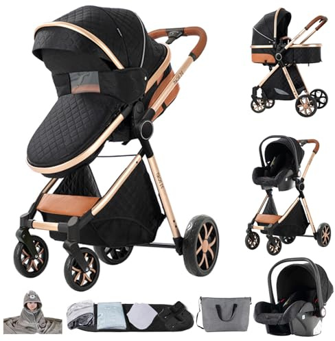 Aveainelle Kinderwagen 3 in 1, Babywagen, Baby Stroller | Einklappbar per Knopfdruck, verstellbarer Sitz, in beide Richtungen schiebbar, Fünfpunktgurt, von Neugeborenen bis 4 Jahre