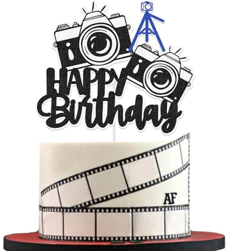 Photographer Cake Topper Outdoor Photography Happy Birthday Cake Decorations for Men Women Boys Girls Camera Tripod Party Decoration (Black Glitter)