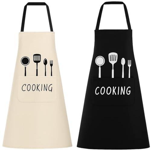 DqiUnaX Kochschürze Damen, 2 Stück Set Mit Schwarzen Und Weißen Besteckmotiven, Küchenschürze Für Damen Und Herren, Praktische Schürze Für Kochen Und Backen, Hochwertige Kochschürze Teenager