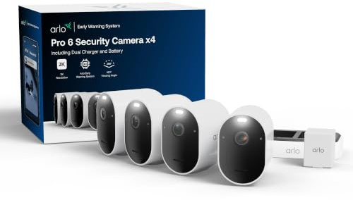 Arlo Pro 6 Telecamera WiFi Esterno Senza Fili, 2K+ HDR, rilevamento AI, visione notturna a colori, compatibile con Alexa, Prova Inclusa Secure, 4 telecamere + 1 batteria aggiuntiva e caricatore doppio